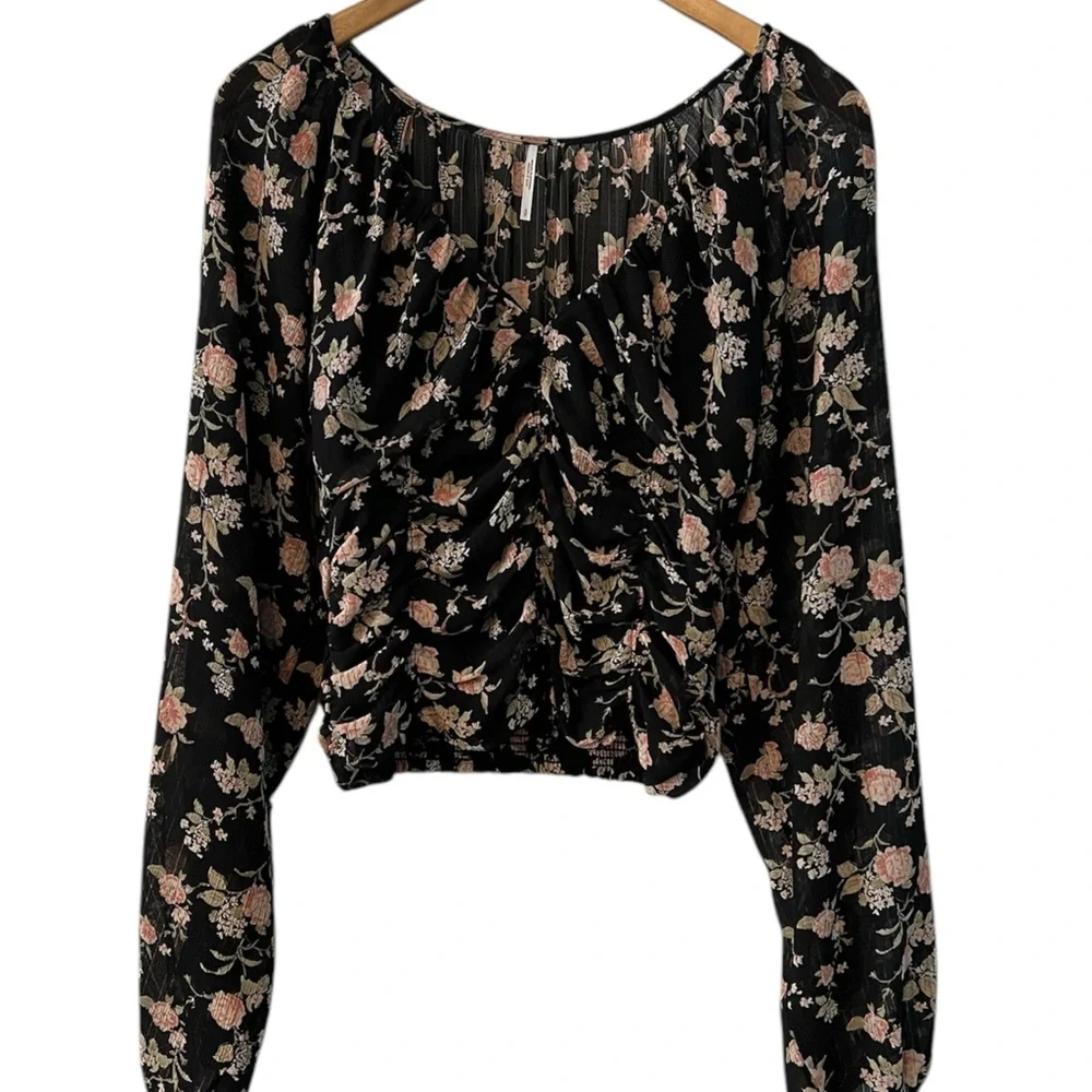 Free People Final Rose Blouse in Black Pink Size Small Balloon Sleeves